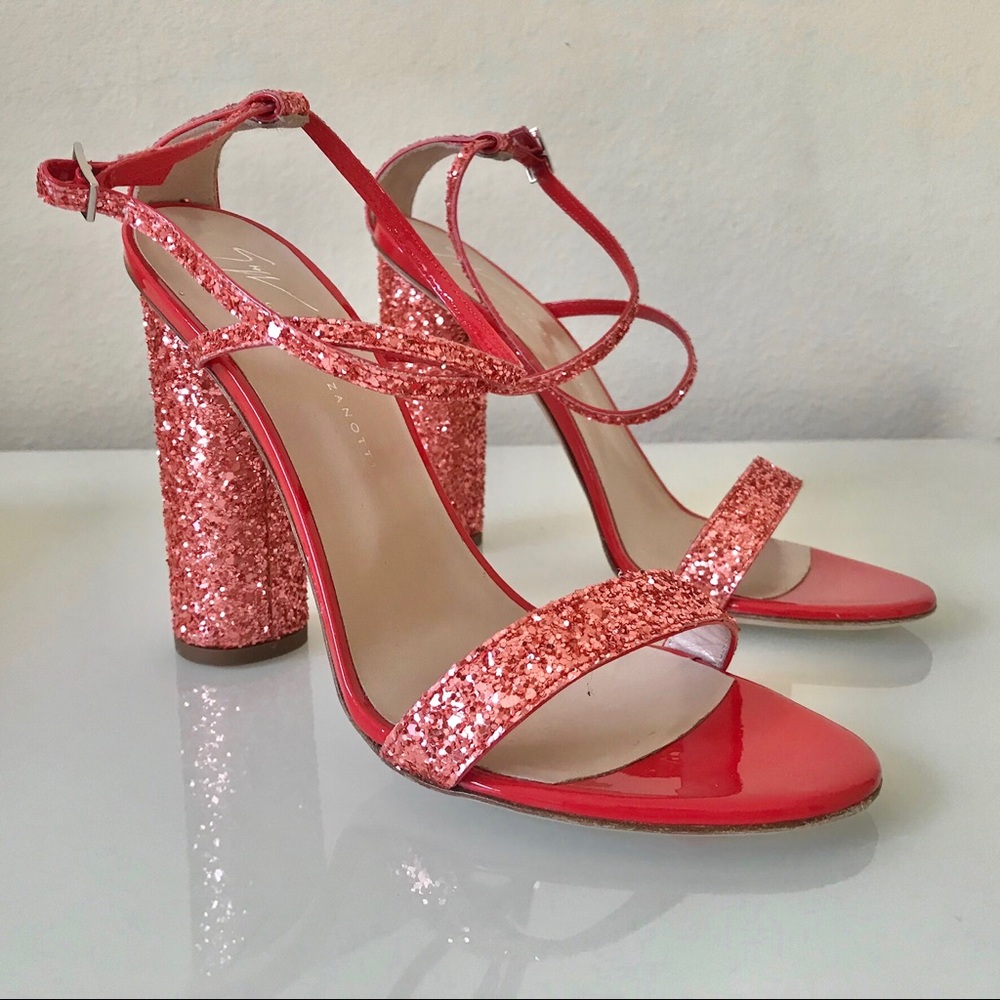 Giuseppe Zanotti Red Glitter Ankle Strap Heels 7 - Picture 2 of 7